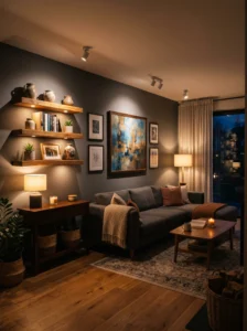 Accent lighting highlighting artwork and decor in living room