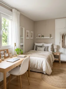 Minimalist cozy teen bedroom with clean and clutter-free aesthetic