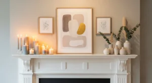 White fireplace styled minimally with décor for a clean look.
