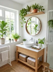 White bathroom with greenery adding freshness and natural contrast