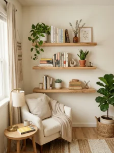 Floating shelves in a small living room for stylish storage without using floor space