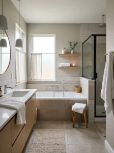 Neutral tone bathroom with bathtub for a calm and relaxing atmosphere