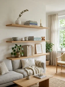 Open shelving Scandinavian living room minimal decor