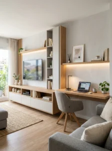 TV unit with built-in desk in living room combo space