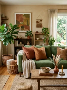 Green couch with earthy tones cozy living room idea