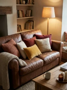 Brown couch with layered throw pillows for a cozy styled look