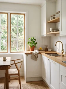 Bright Scandinavian kitchen with white cabinets, light wood accents, and minimal decor creating a clean and simple modern space