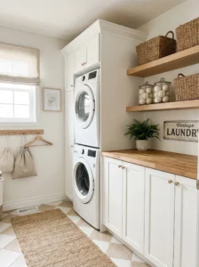 Small laundry room design with stacked washer dryer, floating shelves, and neutral decor for space-saving organization