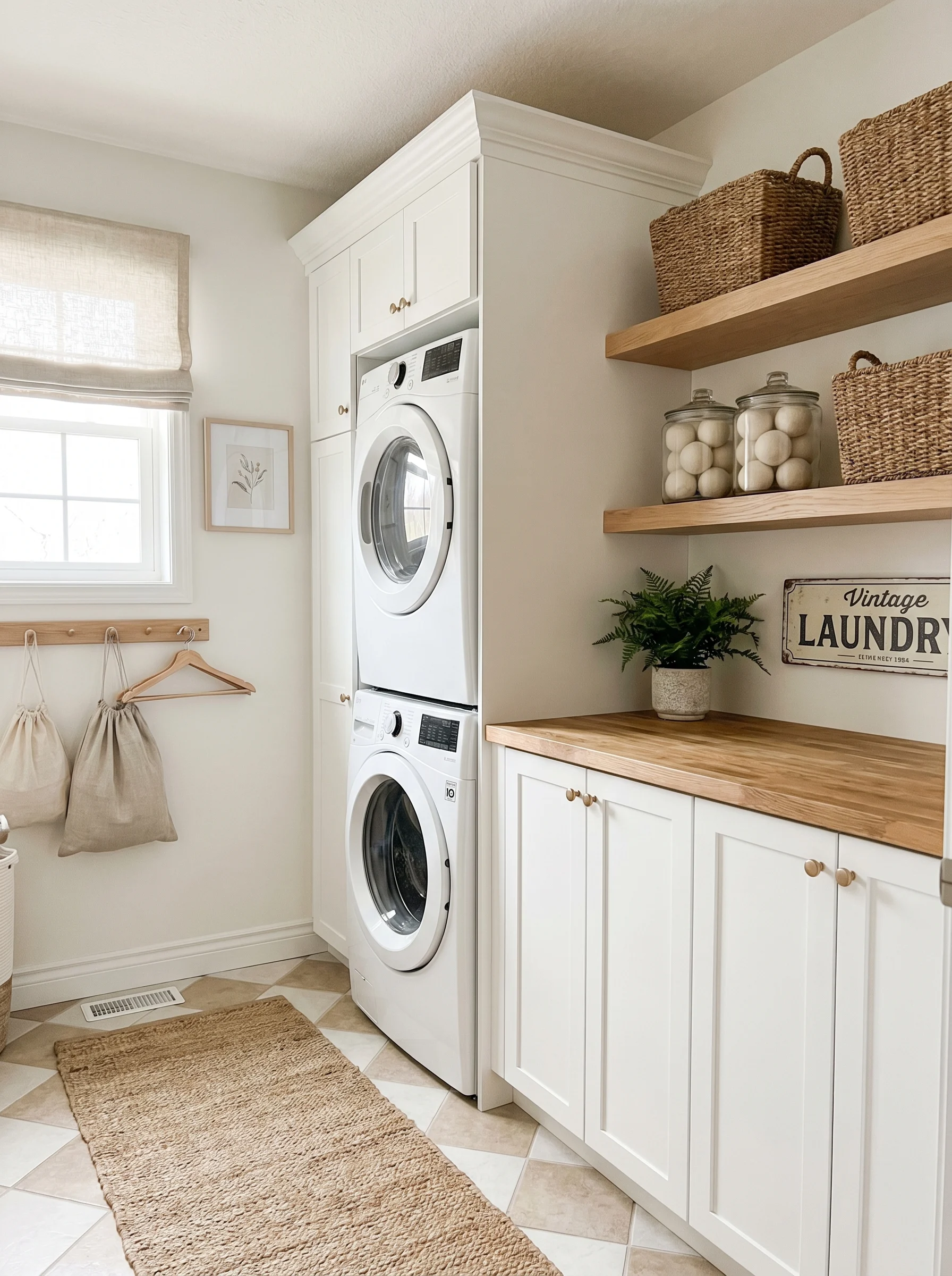 Small laundry room design with stacked washer dryer, floating shelves, and neutral decor for space-saving organization