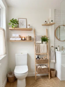Small bathroom shelf ideas with floating shelves, ladder storage, and modern organization for small spaces