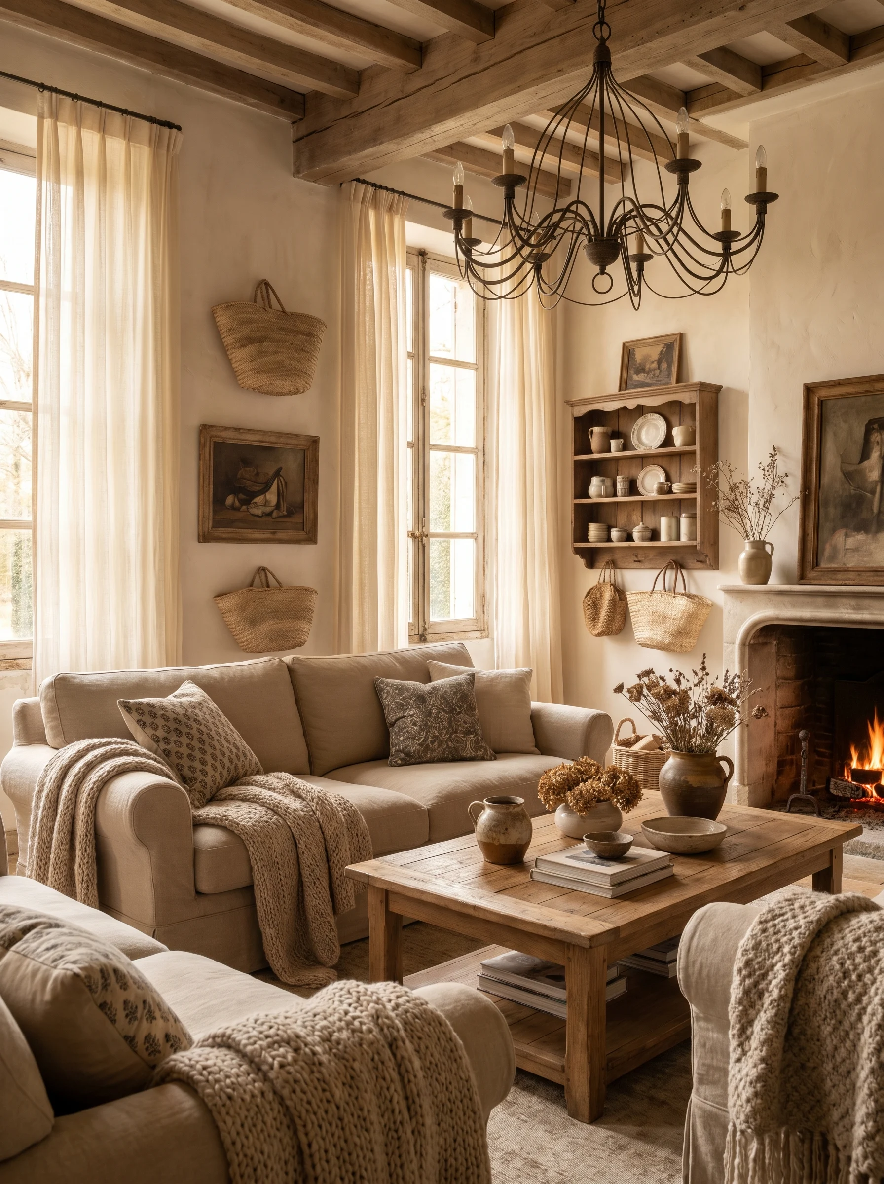 French country living room ideas with cozy neutral decor, linen sofa, rustic wood furniture and soft natural lighting