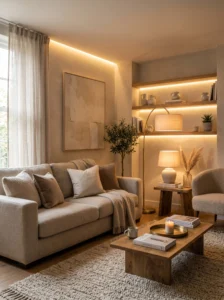 Cozy modern living room with layered lighting, warm lamps, and natural light creating a bright inviting space