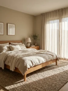Neutral bedroom ideas 2026 with beige tones, linen bedding, and warm wood accents creating a calm balanced space