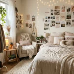 Cozy teen bedroom with warm lighting, layered bedding, fairy lights, and aesthetic decor ideas for a comfortable space