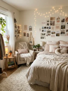 Cozy teen bedroom with warm lighting, layered bedding, fairy lights, and aesthetic decor ideas for a comfortable space