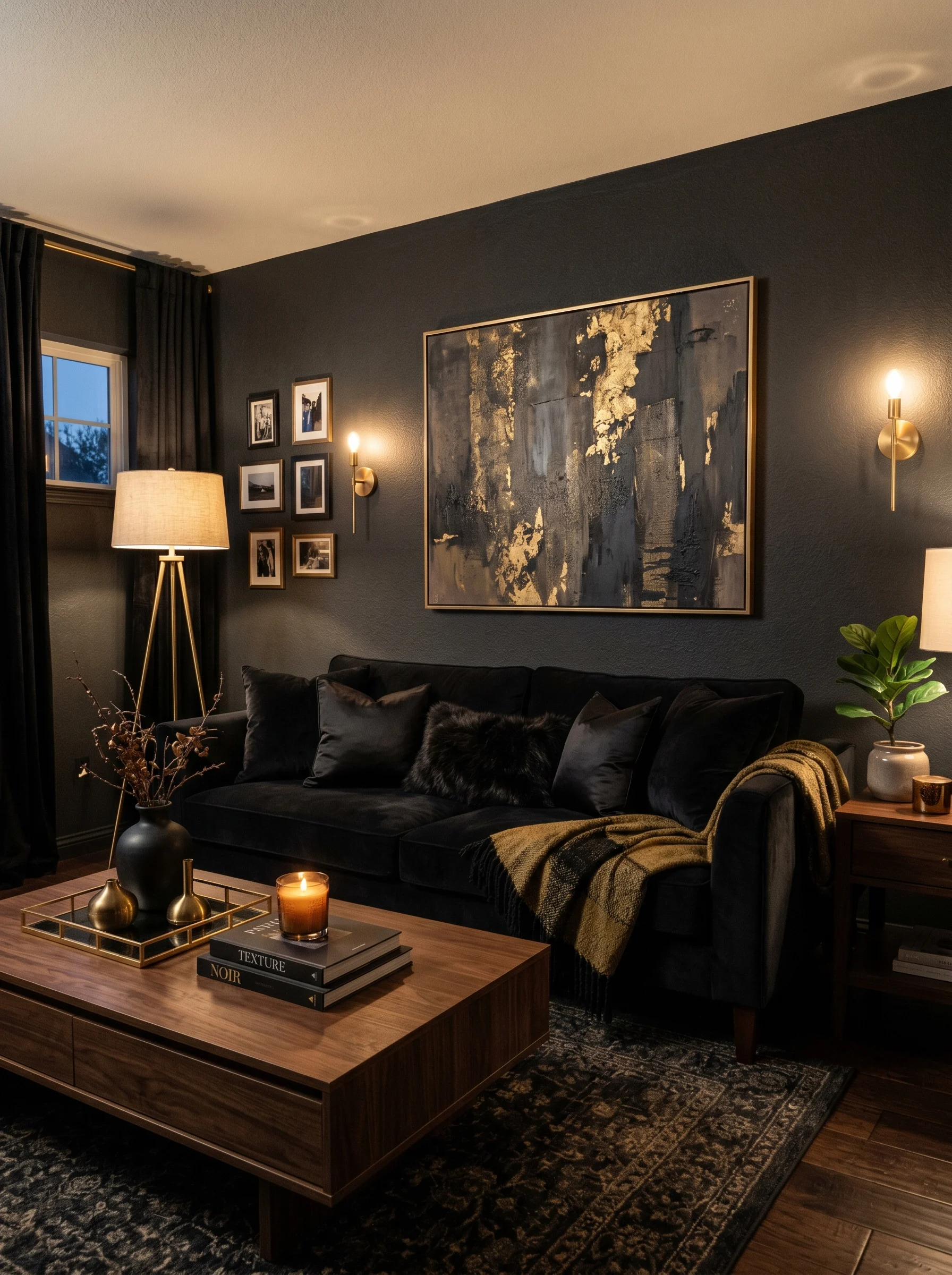 Dark living room with charcoal walls, black sofa, and gold accents creating a dramatic and cozy interior design