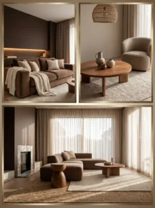 Modern brown living room ideas 2026 featuring cozy sofas, warm lighting, wood accents, and stylish interior design inspiration