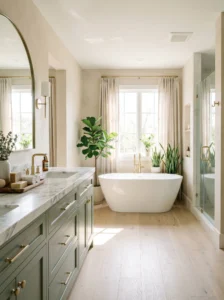 Modern bathroom color ideas including sage green, navy blue, blush pink, and neutral tones