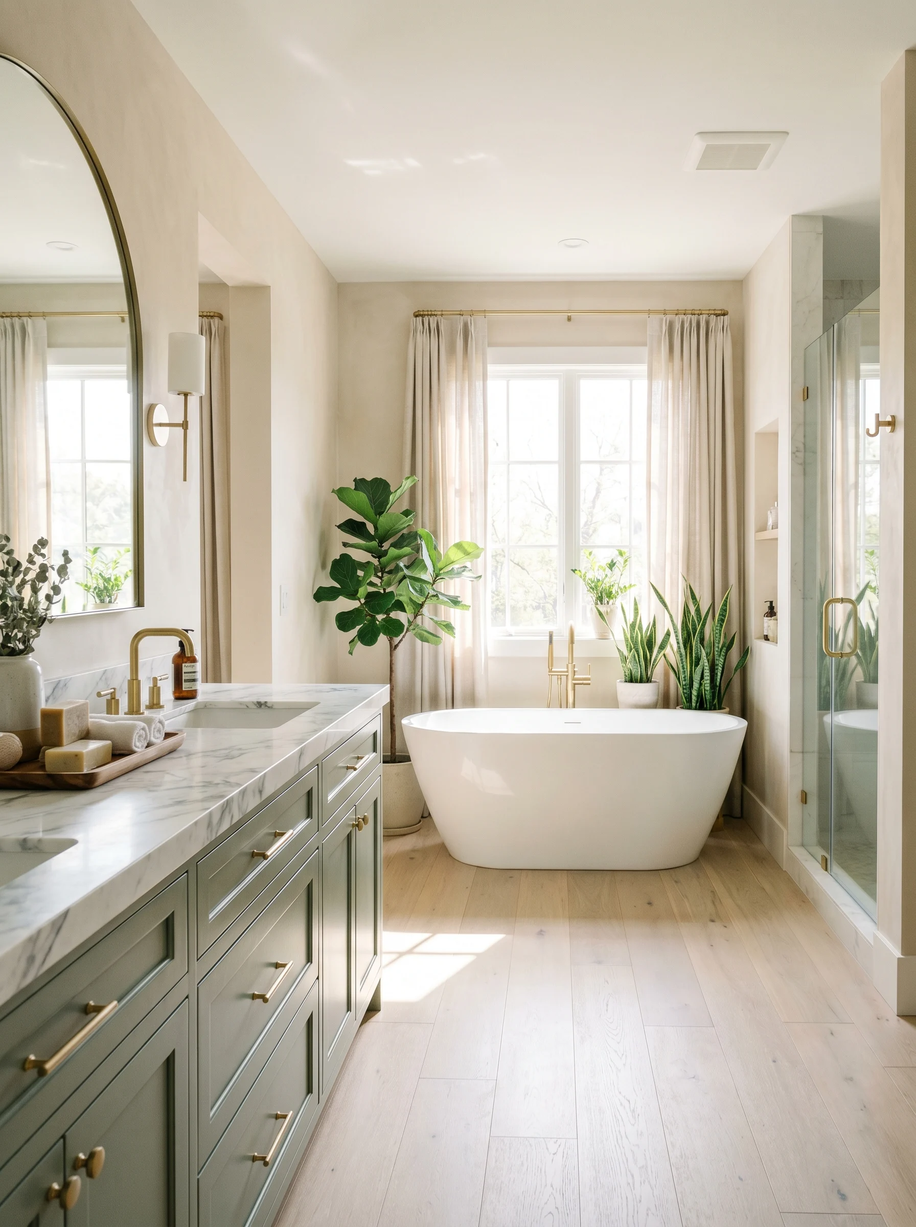 Modern bathroom color ideas including sage green, navy blue, blush pink, and neutral tones