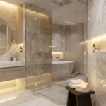 Modern luxury bathroom with glass walk-in shower and marble tiles featuring 17 shower remodel ideas for a fresh update