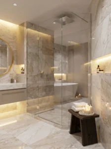 Modern luxury bathroom with glass walk-in shower and marble tiles featuring 17 shower remodel ideas for a fresh update