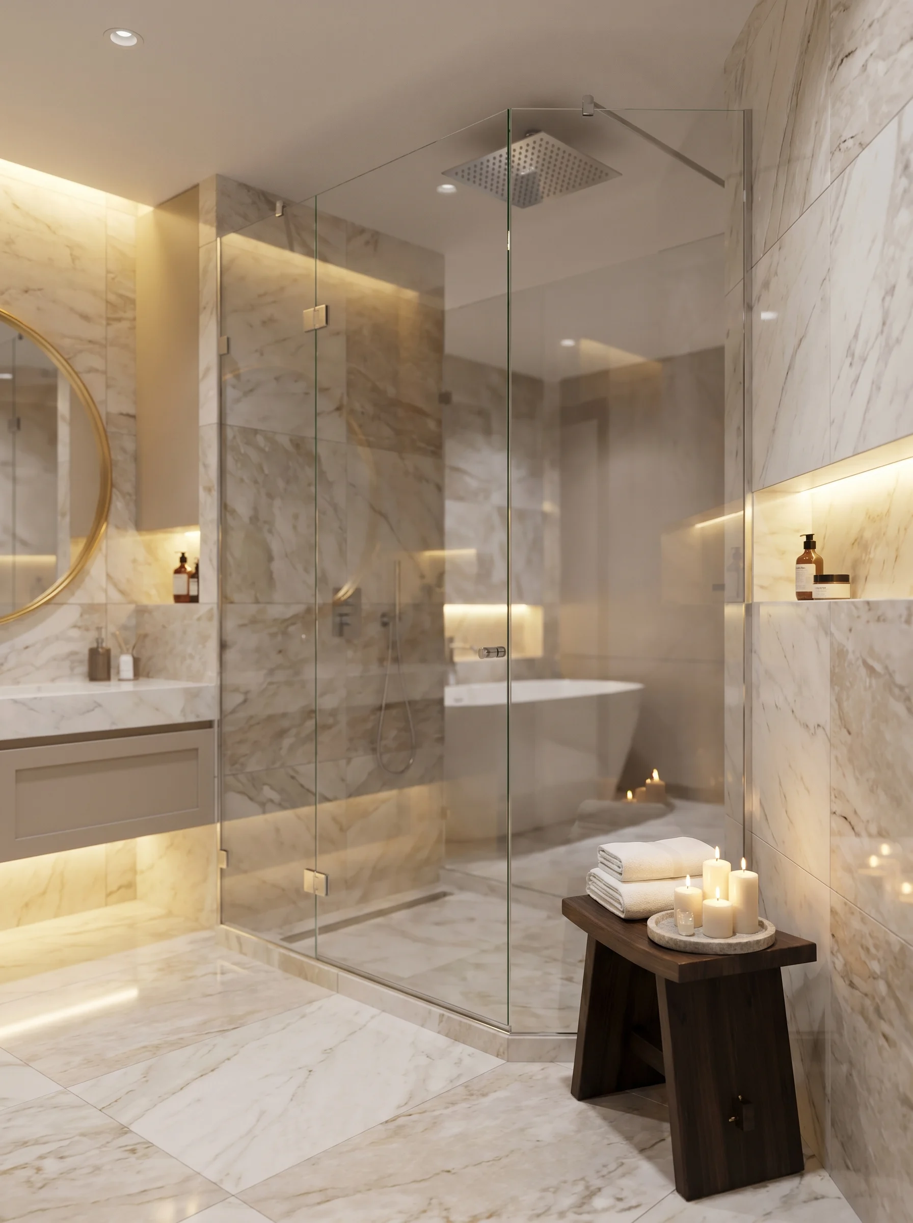 Modern luxury bathroom with glass walk-in shower and marble tiles featuring 17 shower remodel ideas for a fresh update