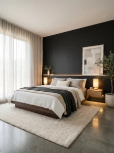 Stylish bedroom with black accent wall, neutral bedding, and cozy modern decor design