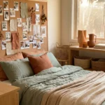 Earthy bedroom color schemes with sage green, beige, and terracotta tones in a cozy modern bedroom