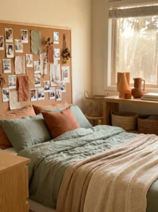Earthy bedroom color schemes with sage green, beige, and terracotta tones in a cozy modern bedroom