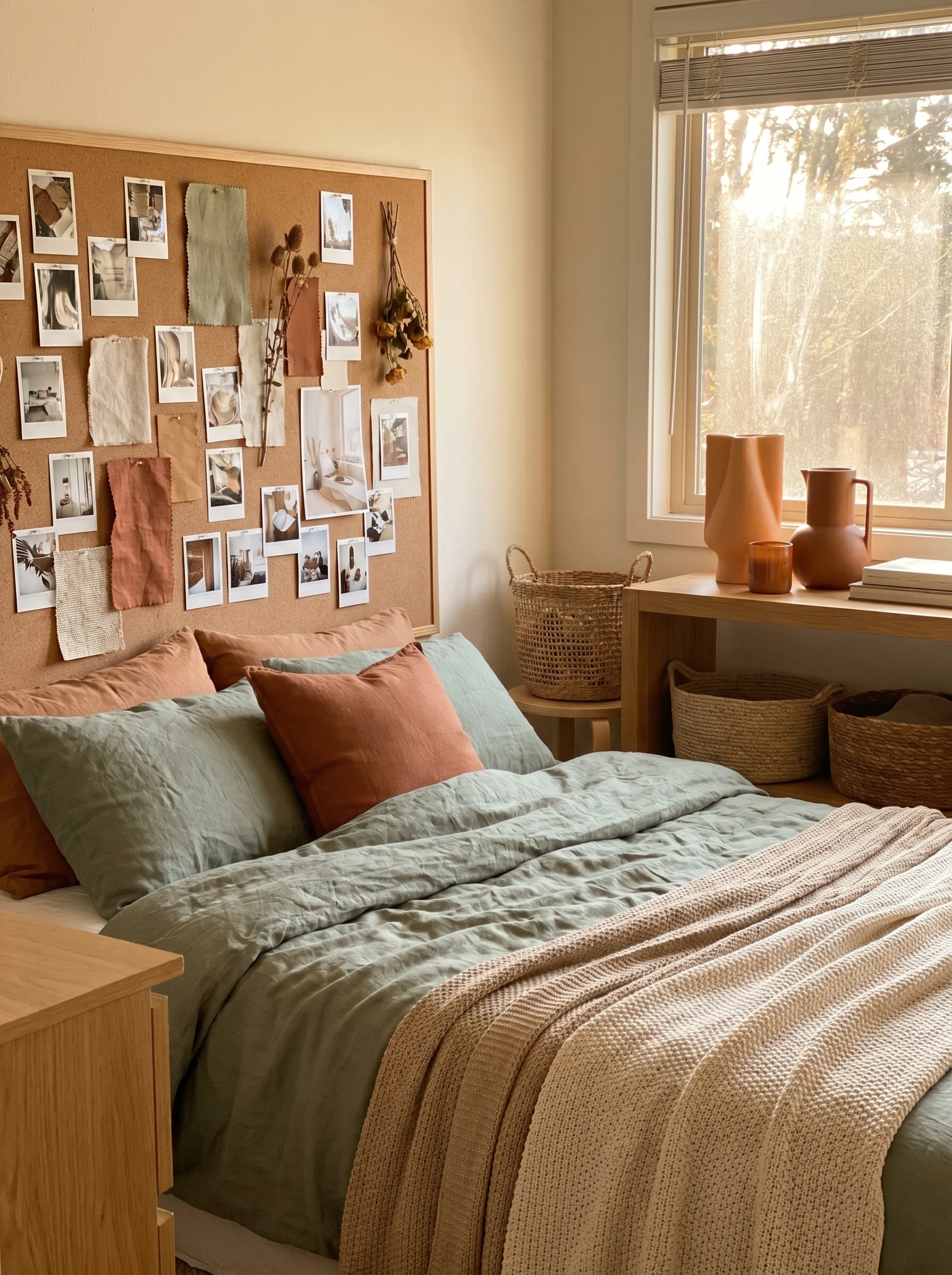 Earthy bedroom color schemes with sage green, beige, and terracotta tones in a cozy modern bedroom