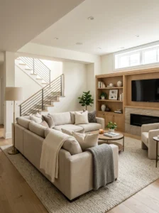 “Cozy modern basement living room with sectional sofa, warm lighting, and neutral decor”