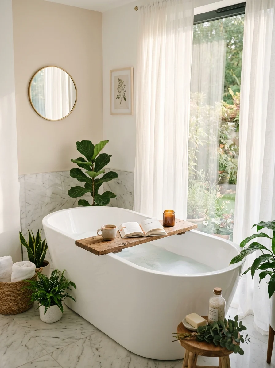 Relaxing white bathroom with freestanding bathtub, natural light, wooden tray and plants creating a spa-like space