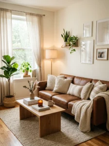 Brown couch living room ideas with cozy neutral decor, warm lighting, and modern aesthetic styling