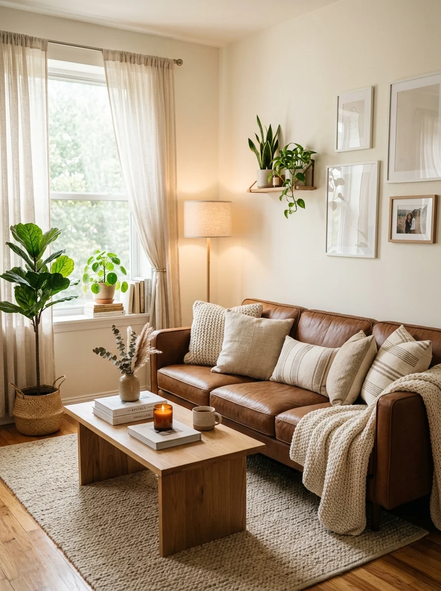 Brown couch living room ideas with cozy neutral decor, warm lighting, and modern aesthetic styling