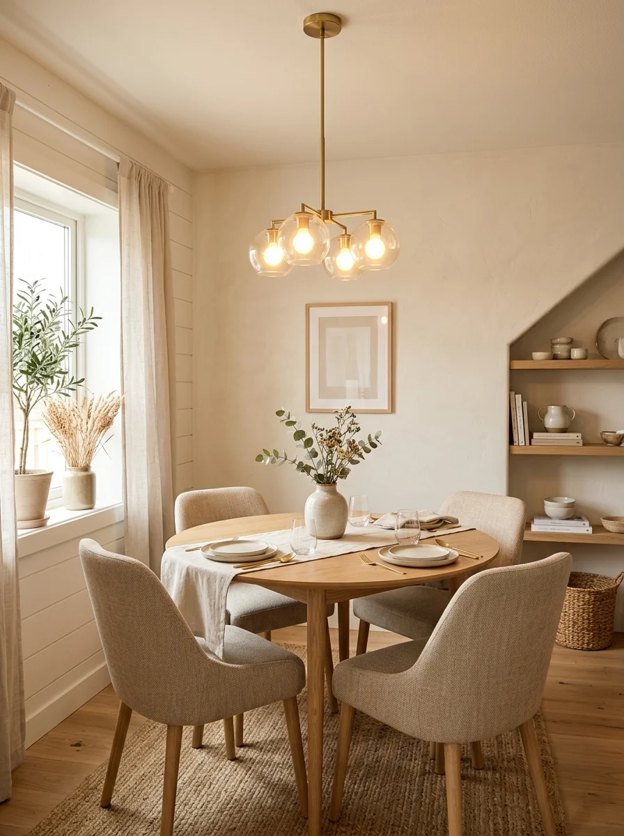 Small dining room ideas with round table, neutral decor, and cozy modern aesthetic