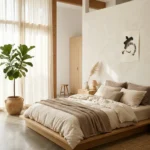 Japandi bedroom with neutral tones, low platform bed, natural light, and minimal decor for a calm aesthetic