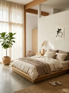 Japandi bedroom with neutral tones, low platform bed, natural light, and minimal decor for a calm aesthetic