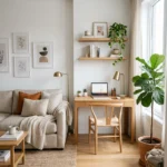 Modern living room with built-in home office setup, neutral decor, small space workspace inspiration