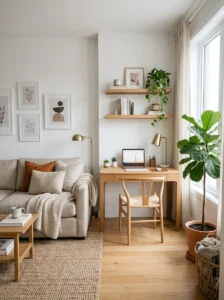 Modern living room with built-in home office setup, neutral decor, small space workspace inspiration