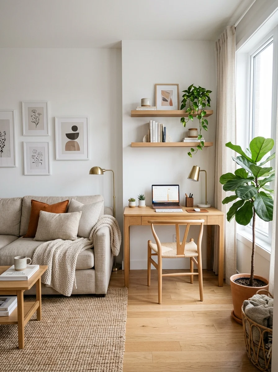 Modern living room with built-in home office setup, neutral decor, small space workspace inspiration
