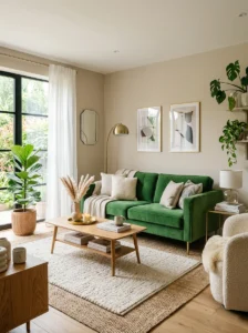 Green couch living room ideas with modern decor, neutral tones, plants, and cozy aesthetic design