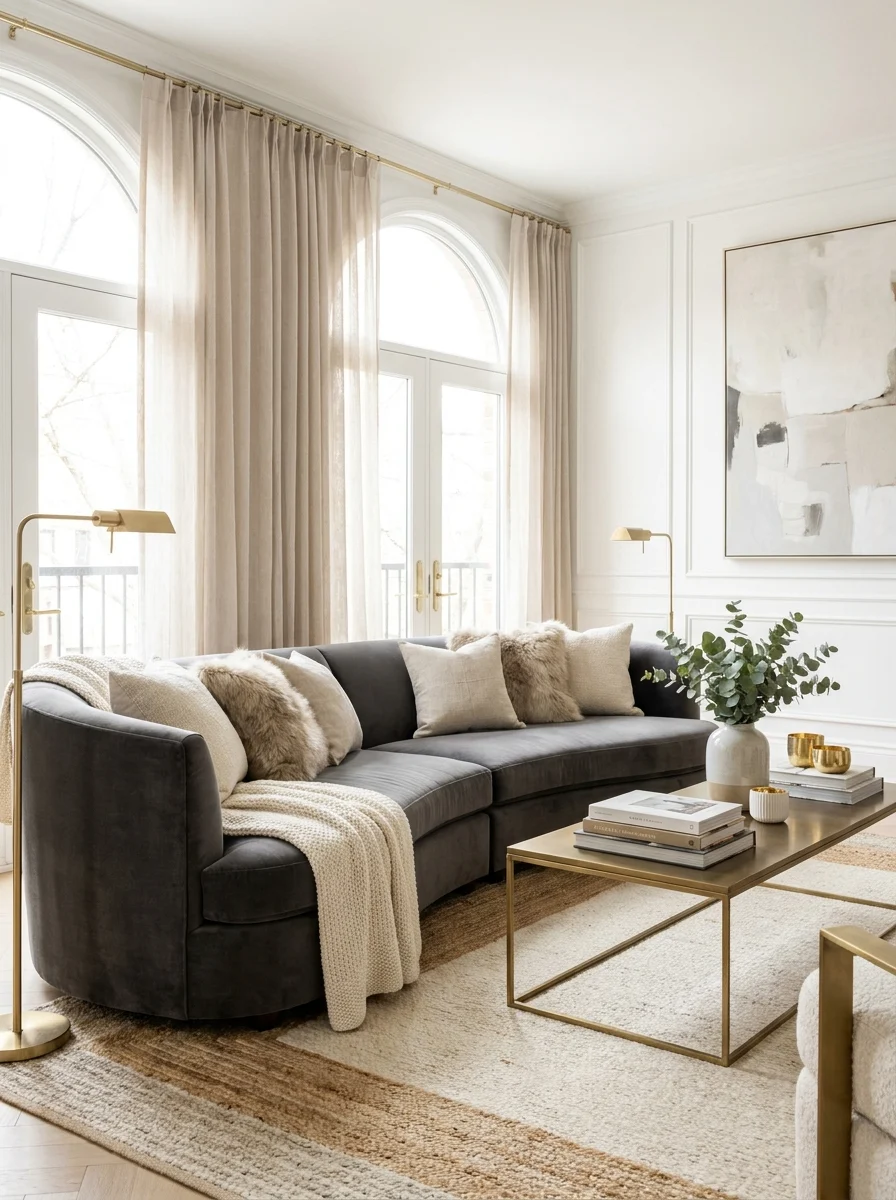 Modern grey couch living room with neutral decor, soft textures, and luxury minimalist styling