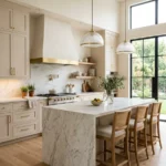 Modern kitchen trends with marble island, warm neutral tones, gold accents, and luxury interior design