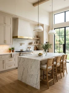 Modern kitchen trends with marble island, warm neutral tones, gold accents, and luxury interior design