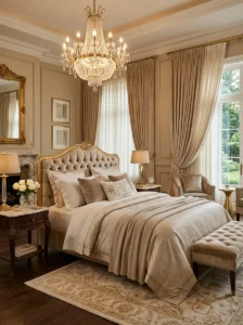 Luxury bedroom ideas with elegant decor, soft neutral tones, layered bedding, and gold accents for a high-end look.