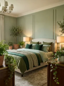 18 green bedroom ideas collage with sage walls, plants, and cozy modern decor in a calm aesthetic
