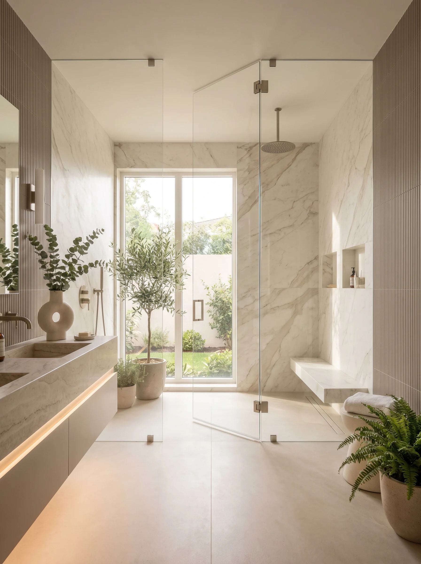 Modern walk-in shower remodel with frameless glass, warm neutral tones, and spa-inspired bathroom design 2026