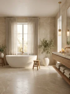 Modern luxury bathroom design 2026 with freestanding tub, neutral tones, and spa-inspired decor