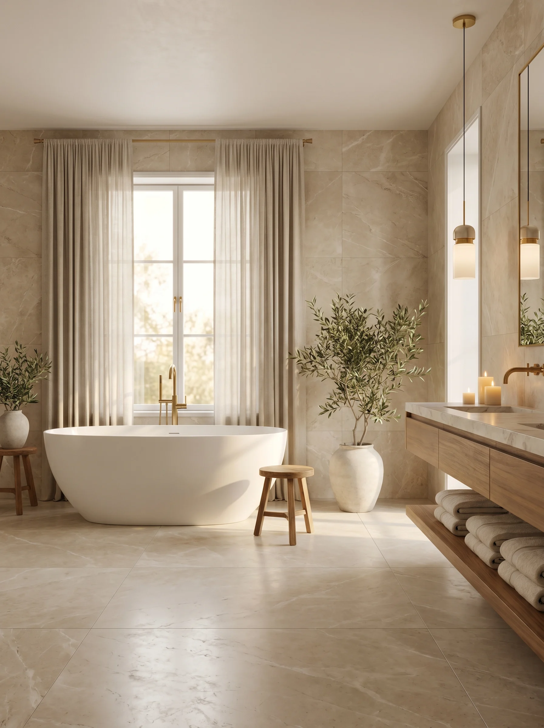 Modern luxury bathroom design 2026 with freestanding tub, neutral tones, and spa-inspired decor