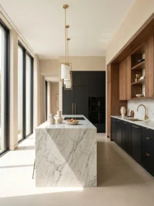 Modern luxury kitchen with mixed cabinet styles including matte black and wood cabinets, designed for a sleek 2026 kitchen